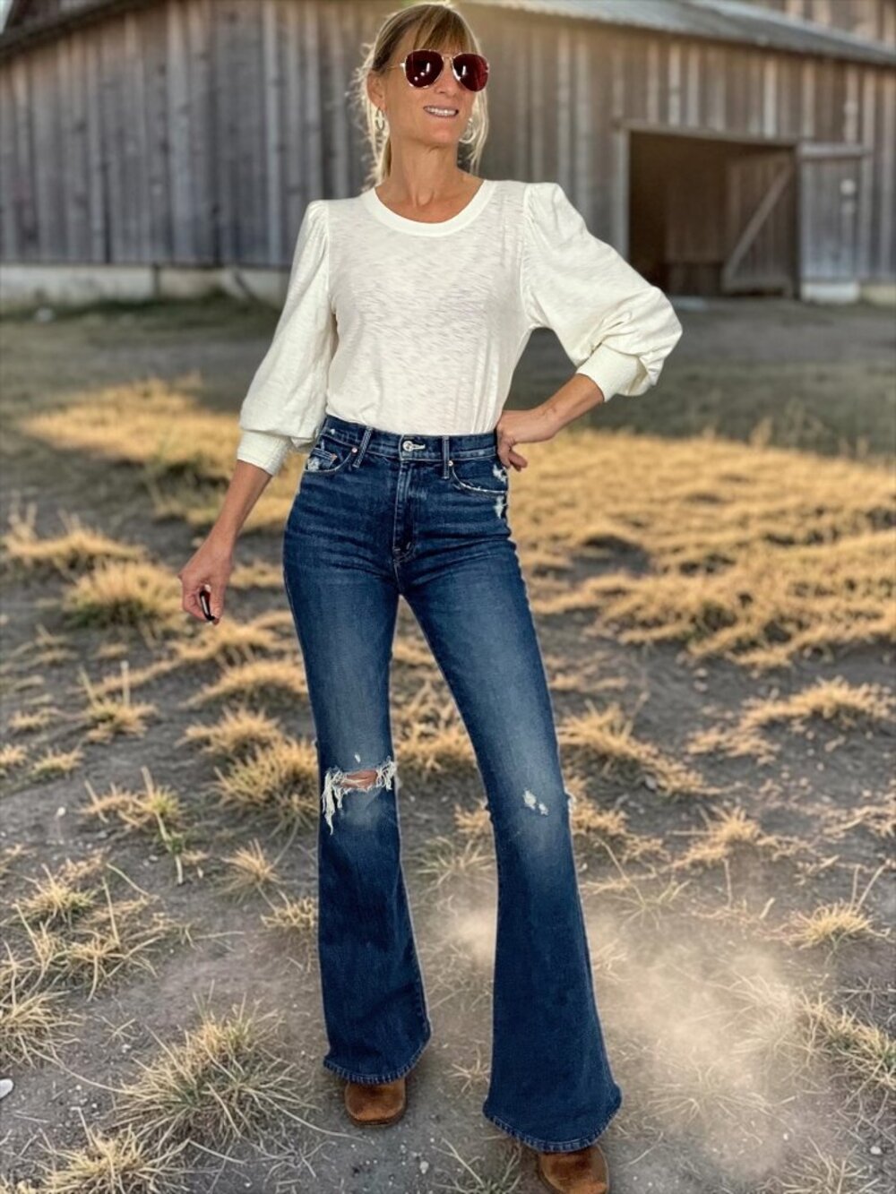 Nation LTD Loren Smocked Peasant Tee Shirt S Cream Puff Sleeve